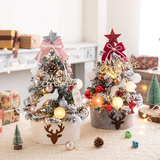 45/60cm Mini Christmas Tree With Lights DIY Desktop Golden Red Christmas Decorations 2024 New Year Home Party Windows Ornaments SS69