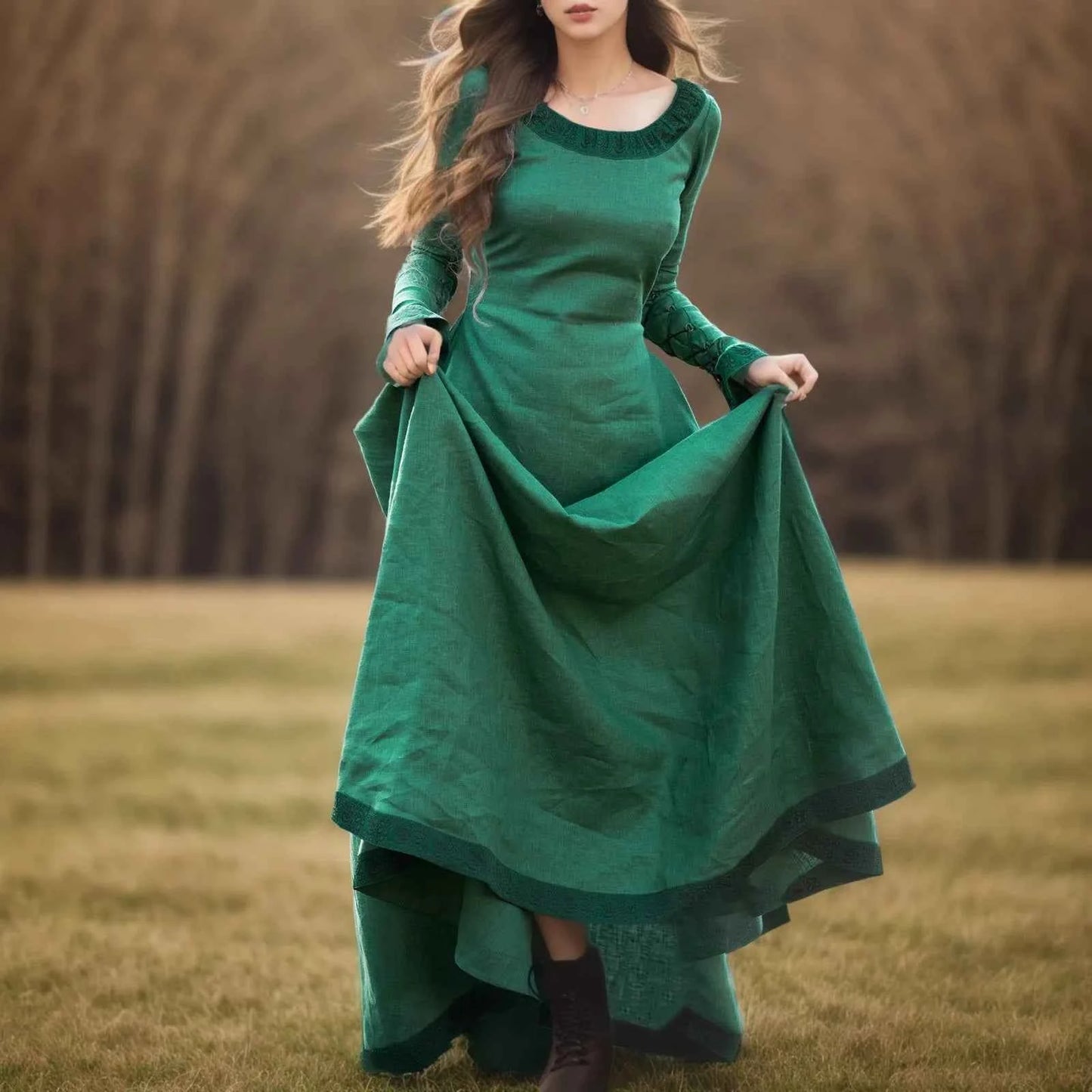 Vintage Long Medieval Dresses For Women Retro A Line Panel Women Maxi Dress Long Sleeve O-Neck Summer Dresses For Women Vestidos