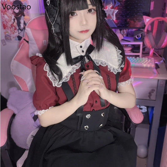 Gothic Y2k Lolita Shirt Japanese Harajuku Girls Sweet Lace Ruffles Bow Puff Sleeve Blouses Women Punk Clothes Tops Blusas Mujer SS69