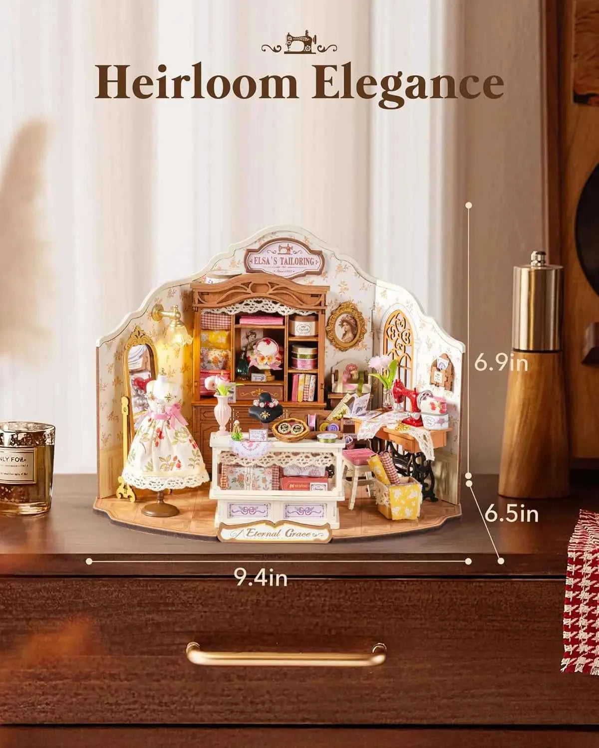 Robotime DIY Miniature House Kit Elsa's Tailoring 1:18 Scale Dollhouse Building Kit Antique Bookshelf Display Crafts for Adults