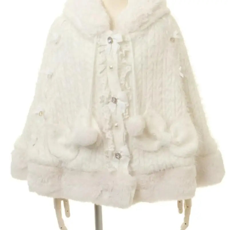 Godivana Lolita Faux Rabbit Fur Cape, Hooded Batwing Sleeve Winter Jacket