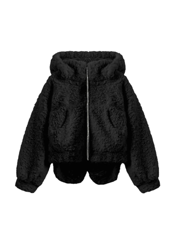 Lautaro Autumn Winter Sweet Cute Lovely Warm Soft White Short Faux Fur Coat Women with Bunny Ears Fluffy Jacket Hoodie 2023 SS69 80.69 Black / XL
