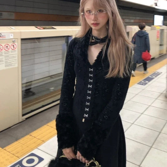 Deeptown Y2k Black Vintage Lace Gothic Women Shirt Harajuku V Neck Hollow Out Long Sleeve Japanese Fashion Blouses Slim Gyaru SS69