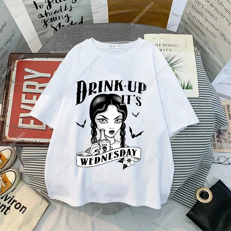 Wednesday Addams Women Casual T-shirt Summer Adult Cartoon Printed Tee Tops Girls Round Neck Clothing Short Sleeve Fashion Gifts SS69 9.69 ADD31 / 4XL