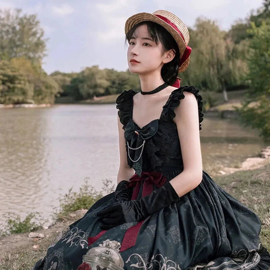 Vintage Lolita Jk Dress Women Black Gothic Bow Ruffles Party Camis Dress Japanese Kawaii Vacation Victorian Sleeveless Vestidos SS69