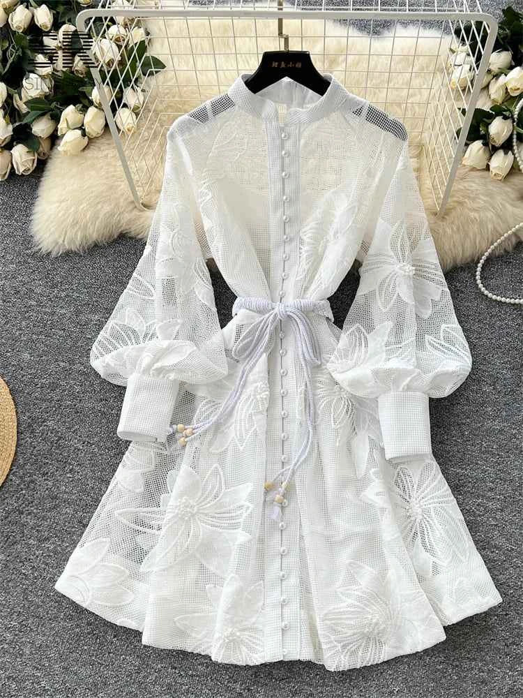 SINGREINY Women Elegant Floral Emboridery Dress Hollow Out Long Sleeve Single Breasted Belt French Court Chic Short A Line Dress