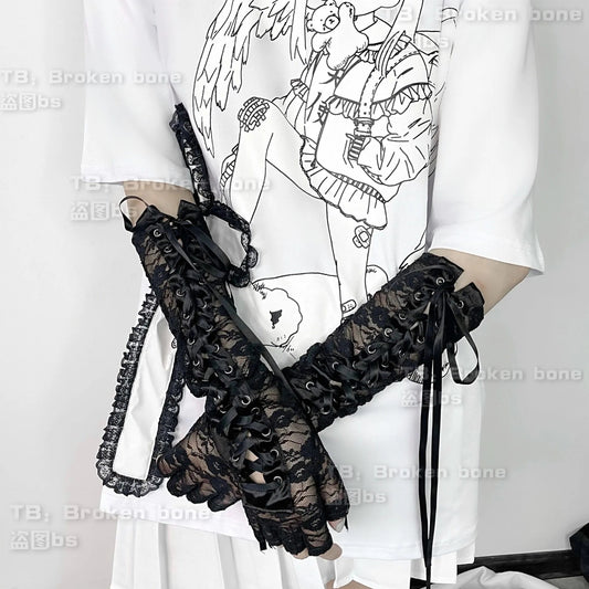 Japanese lolita lace long arm sleeve sweet cool girls lace-up mesh bandage white black arm warmers gloves SS69
