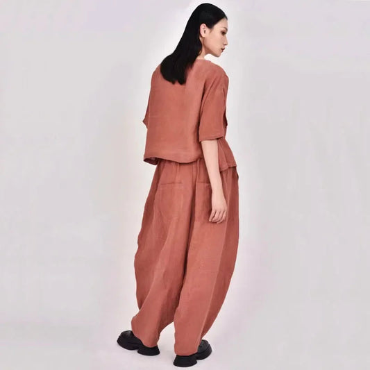 Summer New Loose Women's Artistic Linen Asymmetrical Shirt plus Size Harem Pants Comfortable Breathable Casual Wear SS69