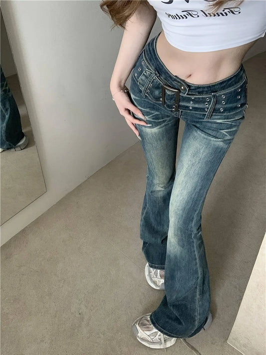 Sexy Adjustable Belt Washed Blue Streetwear Flare Leg Jeans, Women's Denim Jeans & Clothing SS69