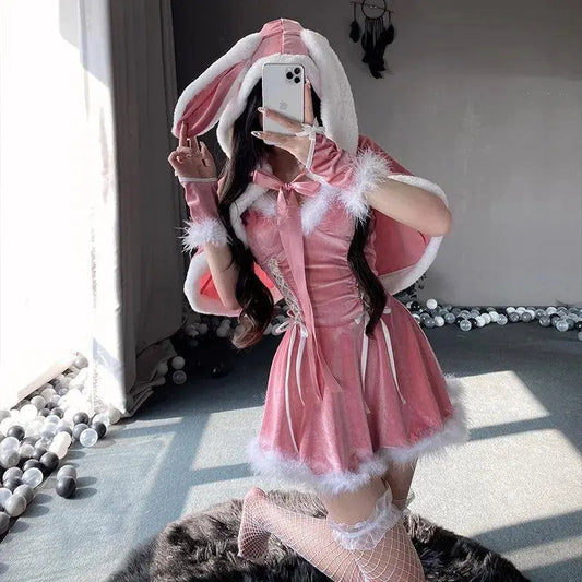 Sexy Christmas Minidress Cosplay Costumes Women Plush Cloak Sling Skirt Santa Claus Party Sweet Cute Adults Clothes Pink Red New - SS69