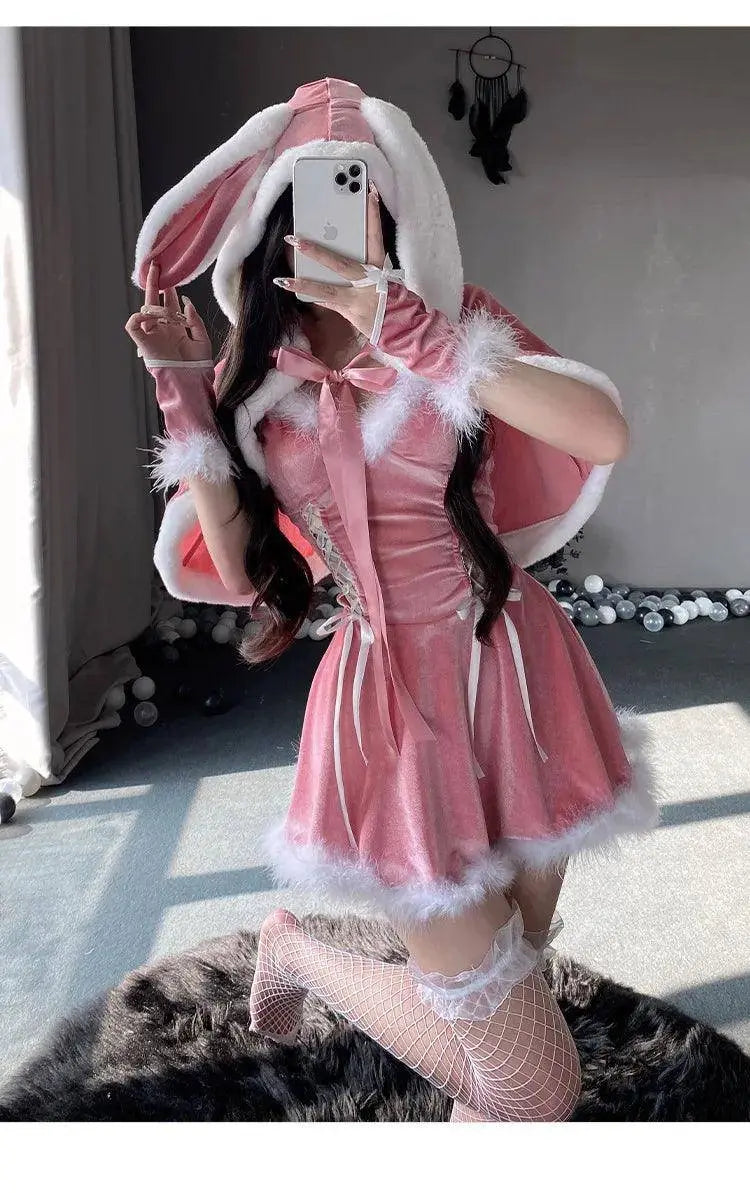 Sexy Christmas Minidress Cosplay Costumes Women Plush Cloak Sling Skirt Santa Claus Party Sweet Cute Adults Clothes Pink Red New - SS69
