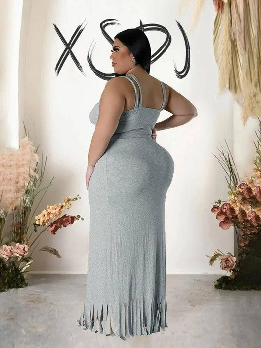 Sexy Summer Outfits Women Knit Skirt Set with Vest Top Sleeveless Elegant Two Piece Set Dress Tassel Curvy Clothing Plus Size SS69