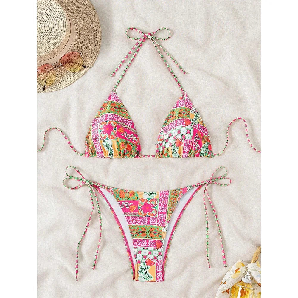 Swimsuit 2025 Female Micro Bikini Women Swimwear Summer Beachwear Women's Bathing Suit Floral Print Neck Halter Thong Bikini Set SS69 17.69 Pink Floral / M