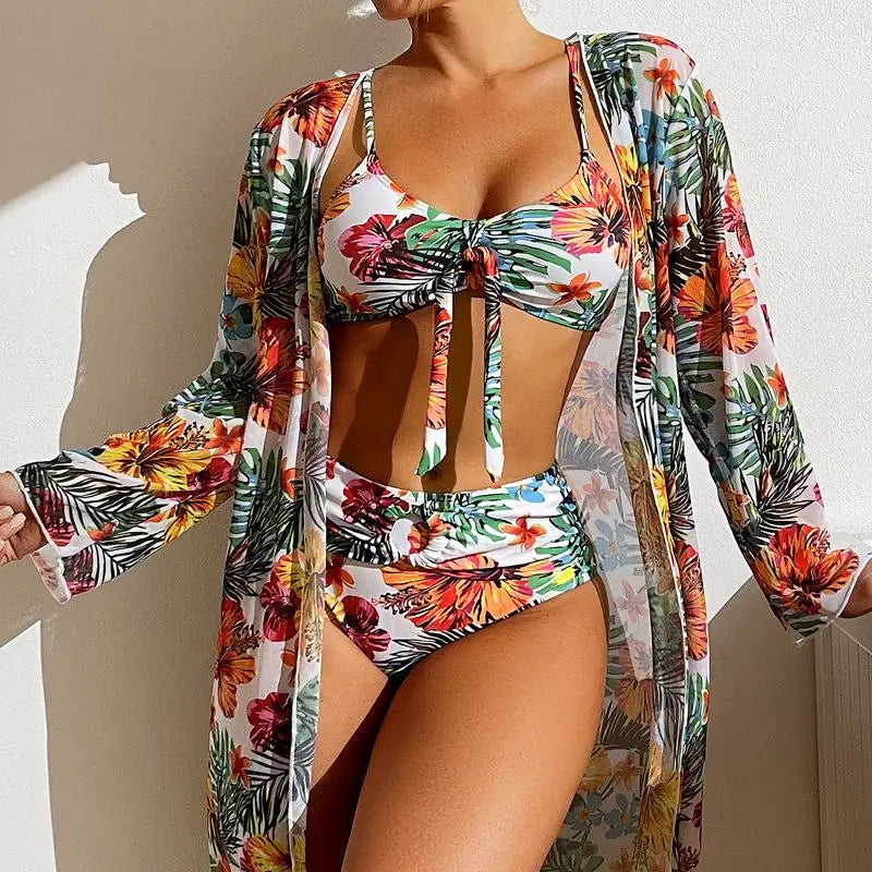 Size S-3XL Bikini Three Pieces Floral Printed Swimsuit Women Bikini Set With Mesh Long-Sleeved Blouse,Bra Top with Pad Swimwear SS69 33.69 white / XL
