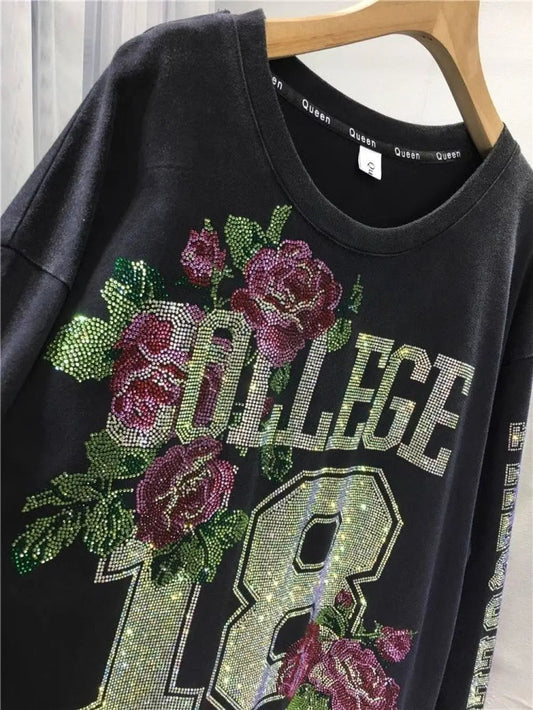 L-4XL 150kg Luxury Diamond Stamping Women's Plus Size Sweatshirts Aesthetics Art Female Pullovers Vintage Winter Lady Sweatshirt SS69