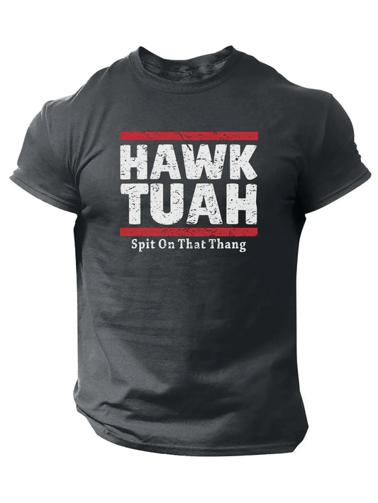 Slogans Hawk Tuah Print Men's Crew Neck Short Sleeve T-shirt, Summer Casual Versatile Top For Outdoor Fitness & Daily - SS69