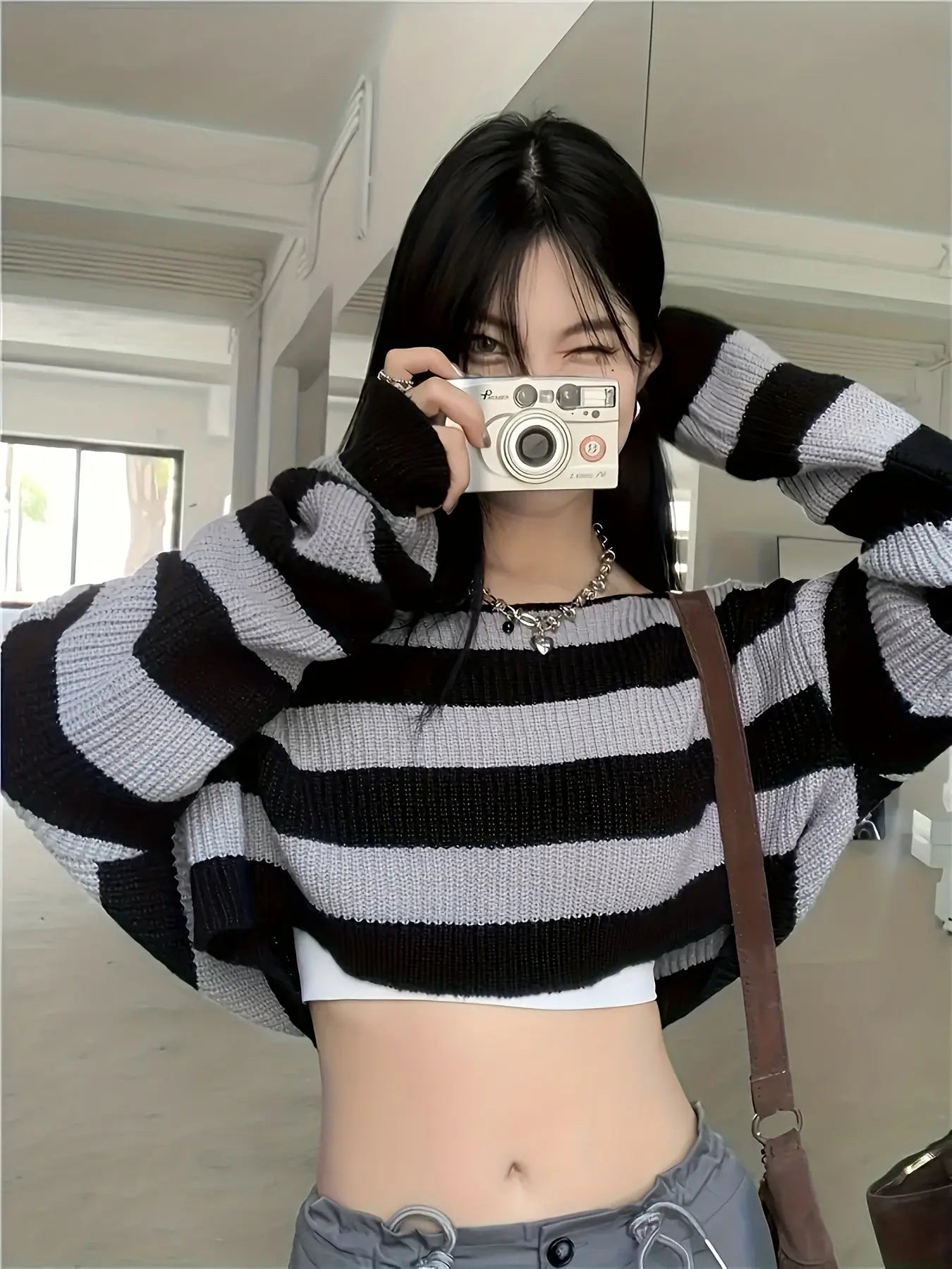 Stripe Print Boat Neck Sweater, Y2K Long Sleeve Crop Sweater For Spring & Fall, Women's Clothing - SS69