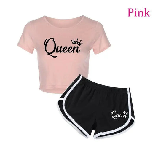 Summer Fashion Women Queen Print Tracksuit Clothes 2 Piece Set Woman Sports Suits Shorts Crop Tops Shorts Pants Outfit SS69