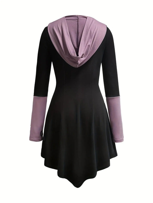 Sun & Moon Print Color Block Hooded Dress, Casual Long Sleeve Asymmetrical Hem Dress For Spring & Fall, Women's Clothing SS69