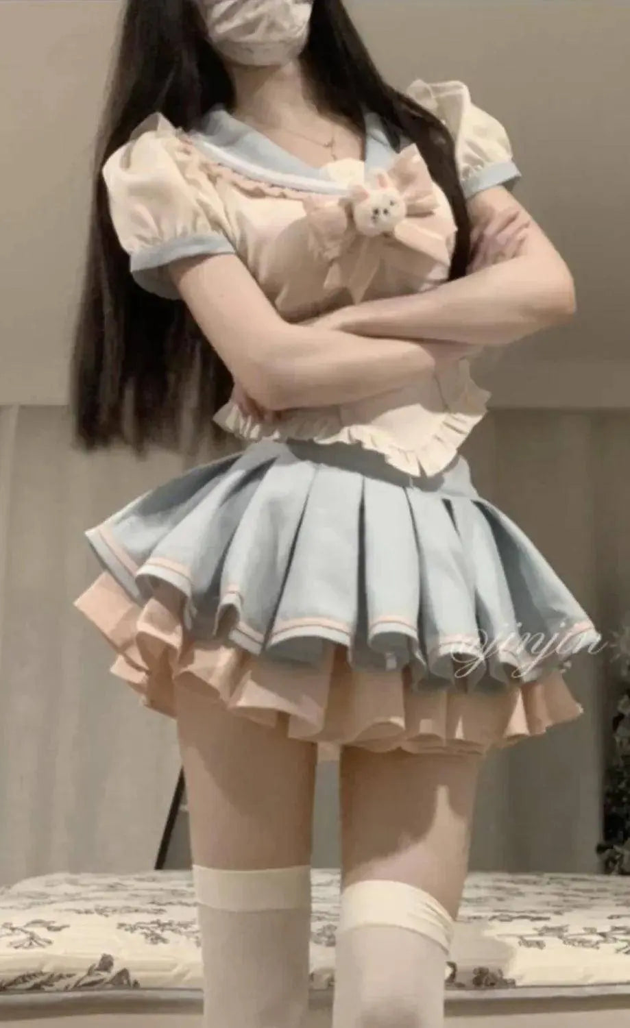 Sweet Contrast Color Shirt Cake Skirt Two-piece Set Women Korean Fashion Navy Collar Rabbit Bubble Sleeves Spicy Princess Suit SS69