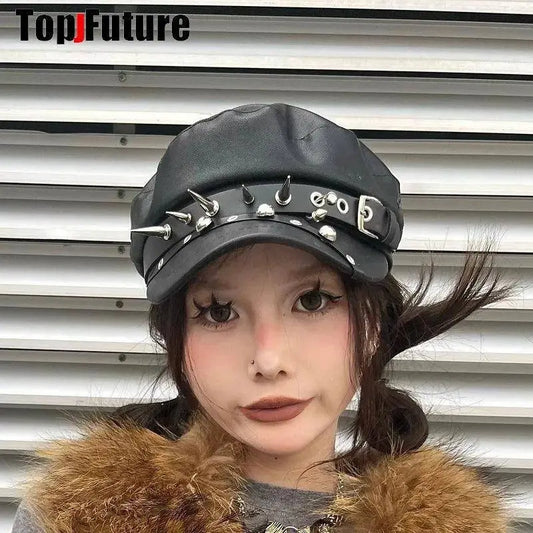 Unisex style Harajuku Gothic Lolita Hat Women Men Punk Biker Style beret subculture metal Cap Streetwear Rivet spike Arm Cap - SS69