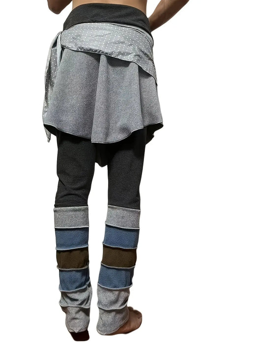 Vintage Style High-Waisted Culottes with Polka Dot Detail and Color Block Design, 100% Polyester Knit Fabric, High Stretch Skinny Fit Leggings with Elastic Waist for Women - Spring/Fall Collection SS69