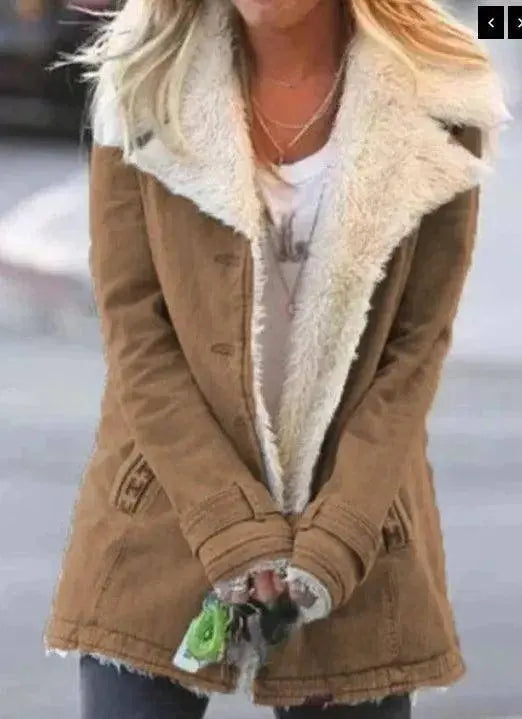 Women Autumn Winter Solid Color Plush Lapel Coat Jacket Fashion Casual Parka Jacket SS69 12.69 khaki / XXXL