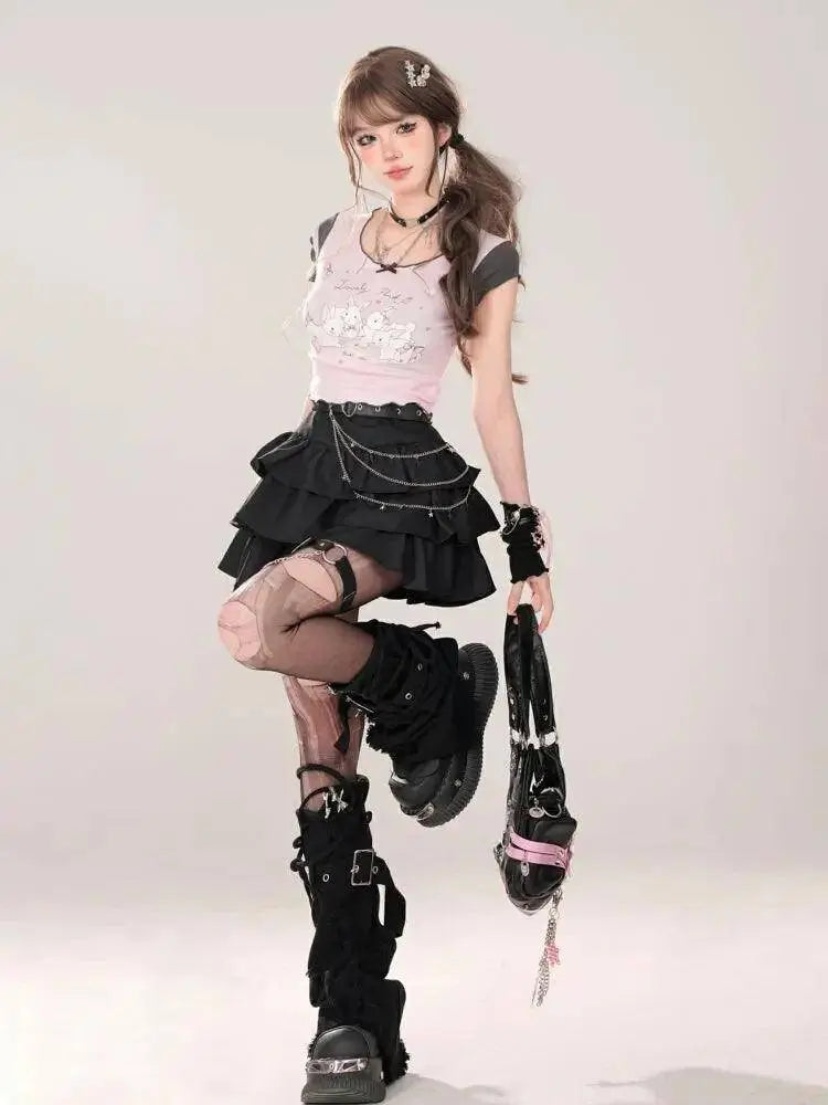 Women Black Gothic A-line Cake Skirt Vintage Y2k Skirt Aesthetic Harajuku Korean Elegant Kawaii Emo Skirts 2000s Trashy Clothes SS69