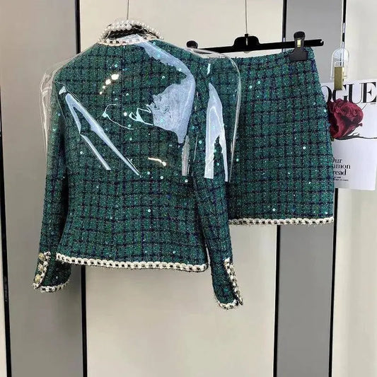 Women Elegant Vintage Tweed Fragrant Suit Jacke Coat Top And Skirt Two Piece Set Green Outfit Winter Jacquard Party Clothing SS69