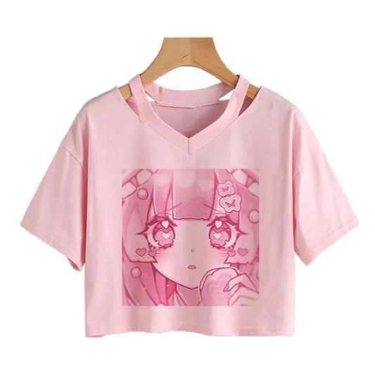 Women Fashion Cute Clothes Kawaii Print Tee Punk Short Sleeve T-Shirt Casual Loose Pink Anime Graphic V-Neck Crop Top Streetwear - SS69