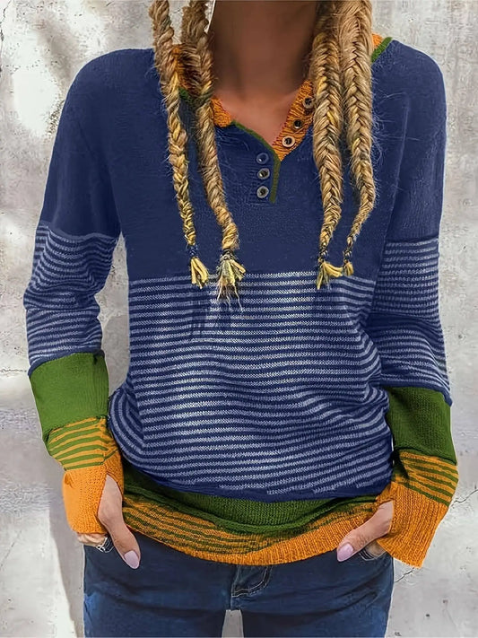 Women'S Y2K Striped Color Block Crew Neck Pullover Sweater - Casual Asymmetrical Polyester Blend Patchwork Jumper with Button Detail for Fall/Winter SS69
