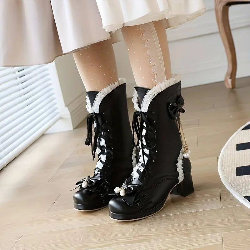 Women's Bowknot Decor Chunky Heel Boots, Fashion Lace Up Dress Boots, Stylish Mid Calf Boots SS69