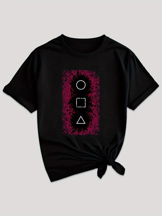 Women's Casual Graphic Tee - Squid & GAME Design, Gray Short Sleeve Crew Neck T-Shirt with Pink Geometric Print, Summer Casual Attire, Polyester Blend, Machine Washable SS69