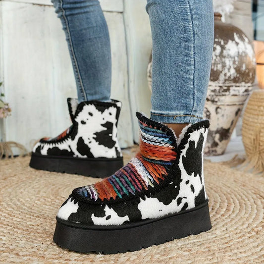 Women's Cozy Sherpa-Lined Ankle Boots, Tribal Animal Print, Western Style, Casual Slip-On Winter Footwear, Non-Slip Sole, Comfortable Insulated, Fabric Upper, TPR Sole, Random Print, Mid-Heel SS69
