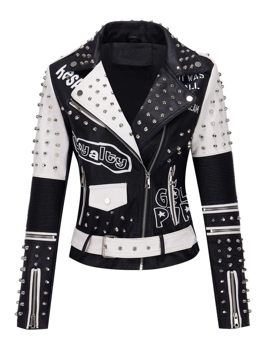 Women's Faux Leather for Moto Jacket with Rivet Detail - Casual Long Sleeve Biker Coat, Waterproof, Zip-Up, Perfect for Spring/Fall SS69