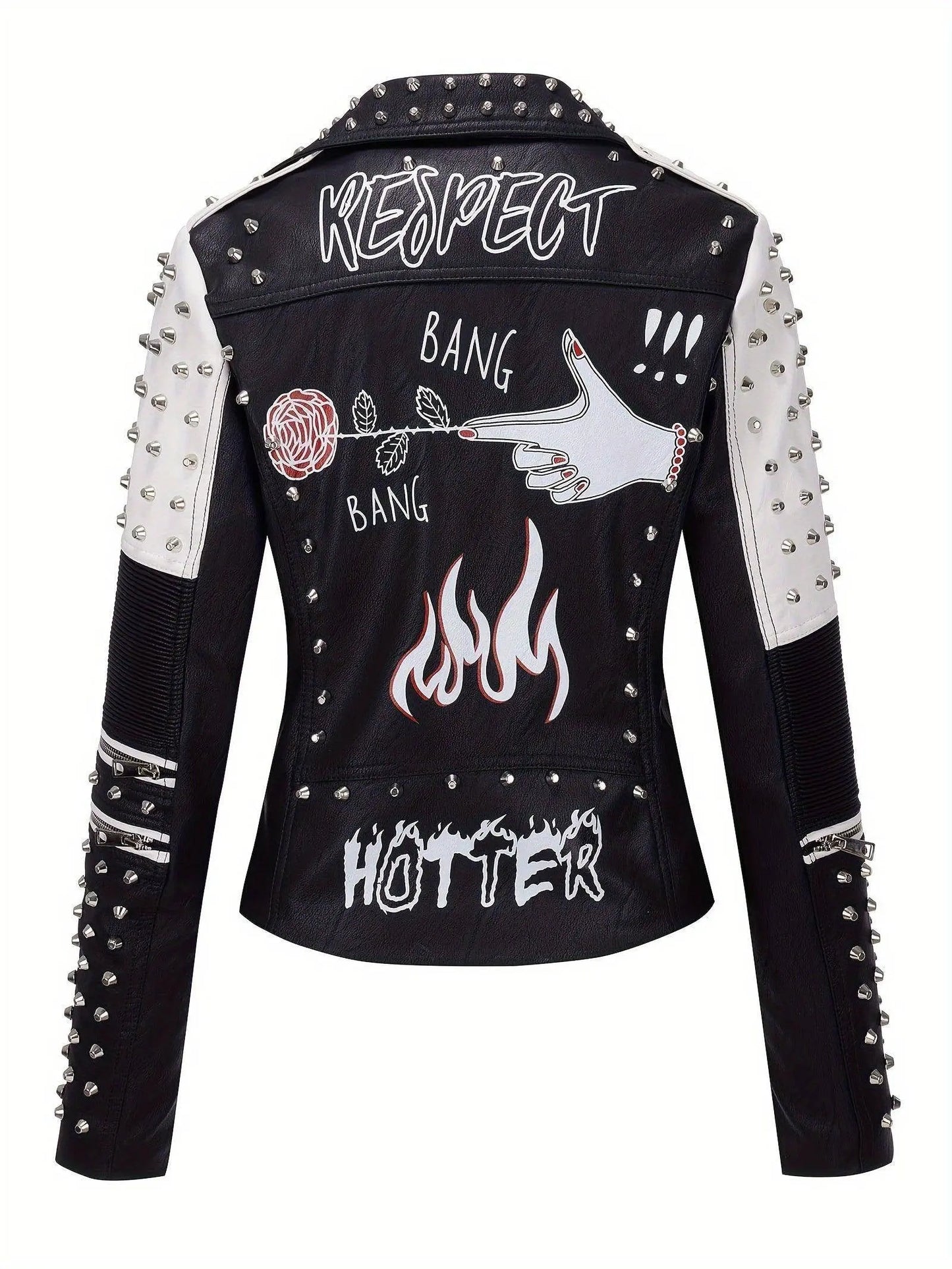 Women's Faux Leather for Moto Jacket with Rivet Detail - Casual Long Sleeve Biker Coat, Waterproof, Zip-Up, Perfect for Spring/Fall SS69