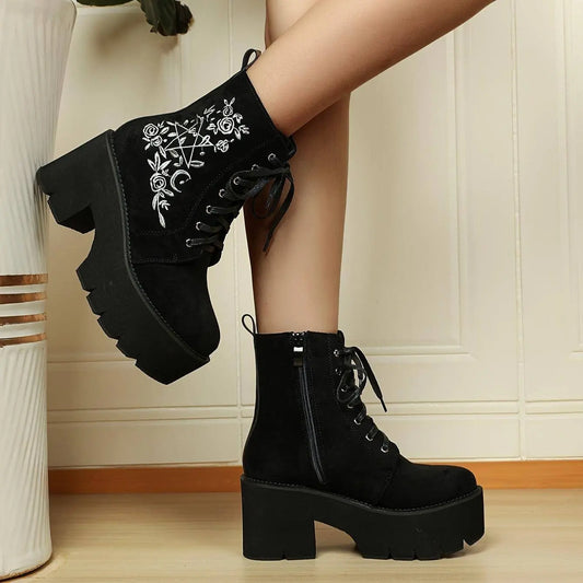 Women's Floral Embroidered Boots, Side Zipper Platform Punk Ankle Boots, Trendy Chunky Heel Casual Boots SS69