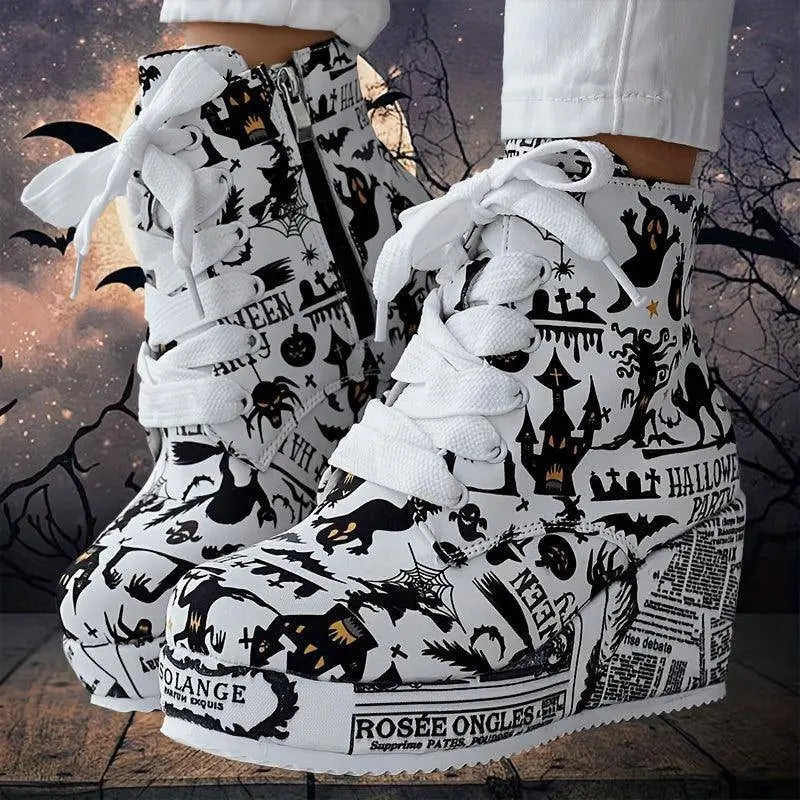 Women's Halloween Theme Boots, Lace Up Platform Lace Up Walking Shoes, High-top Wedge Winter Boots SS69