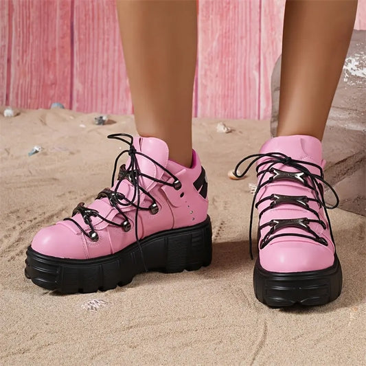 Women's Hip Hop Style Lace-Up Ankle Boots, Solid Color PU Upper, Fabric Inner, Non-Slip Sole, Round Toe Low Top Platform Shoes with Metal Decor for All-Season SS69