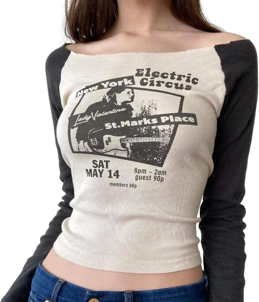 Women's Long-Sleeve Vintage Y2K Gothic Punk Grunge T-Shirt for Women and Girls, E-Girl Style - SS69