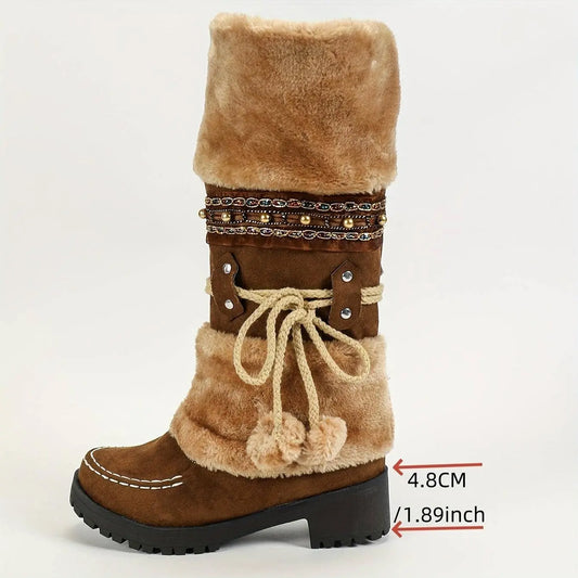 Women's Retro Snow Boots, Fleece Pom-pom Decor Chunky Heeled Boots, Winter Warm Mid Calf Boots SS69