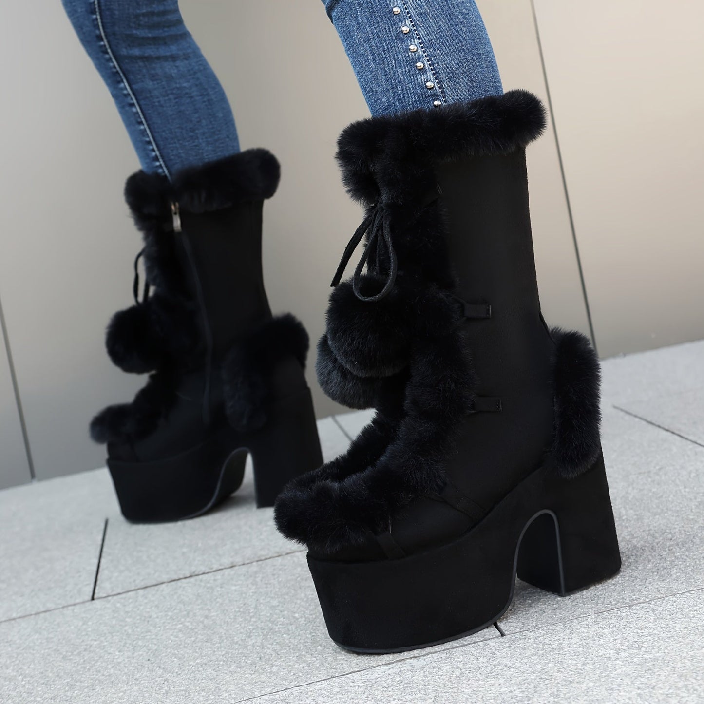 Women's Solid Color Fluffy Boots, Side Zipper Pull On Platform Warm Plush Lined Chunky Heels, Non-slip Y2K Fluffy Ball Boots SS69 82.69 EU 36 / Black