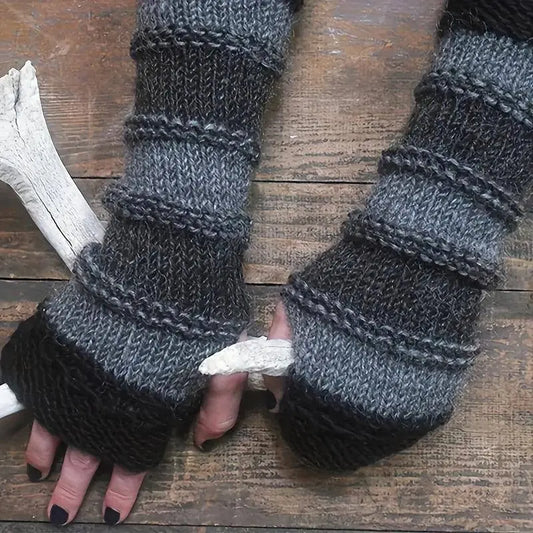 Women's Warm Striped Fingerless Gloves - Thick Knit, Color Block Design, Winter Essential - Polyester, Casual Style, Hand Wash or Dry Clean, Stretchy, Fingerless Gloves for Ladies SS69