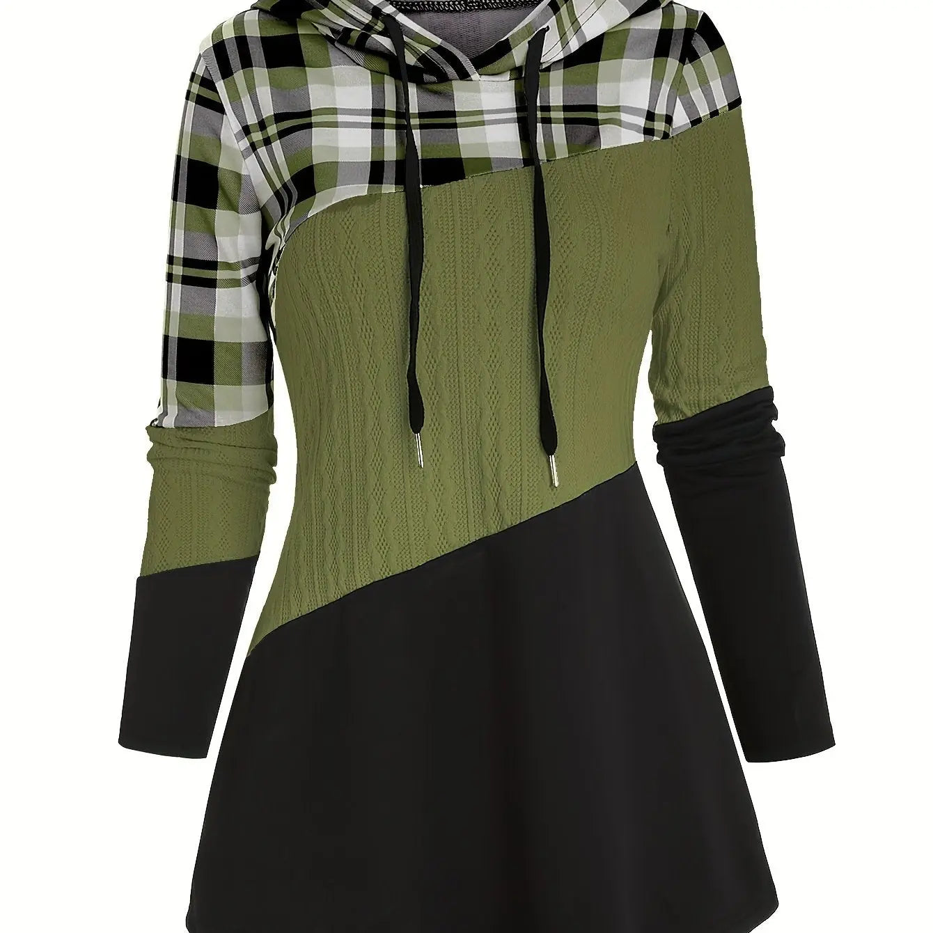 Womens Color Block Plaid Print Hoodie with Drawstring - Stylish Casual Sweatshirt for Everyday Comfort - Trendy Long Sleeve Design SS69 21.69 XXL / Army Green