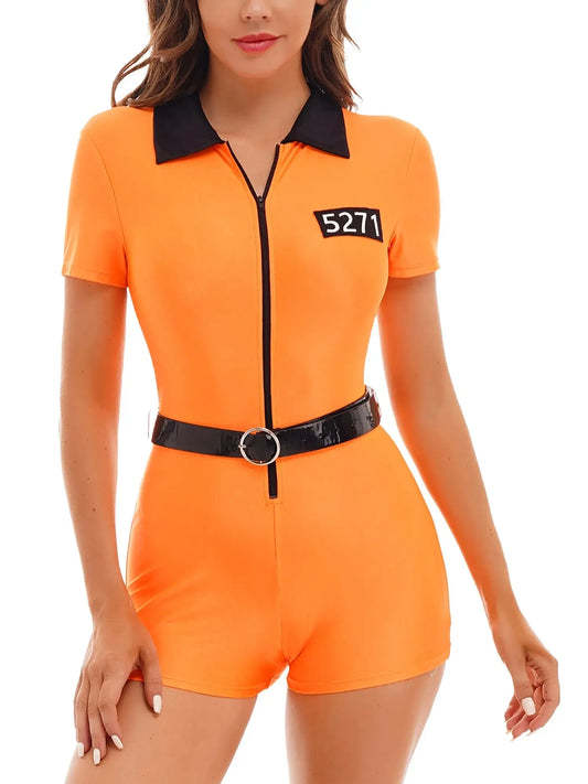 Womens Orange Jail Prisoner Costume Uniform Zipper Short Sleeve Jumpsuit with Belt Fancy Criminal Convict Jail Cosplay Outfit SS69