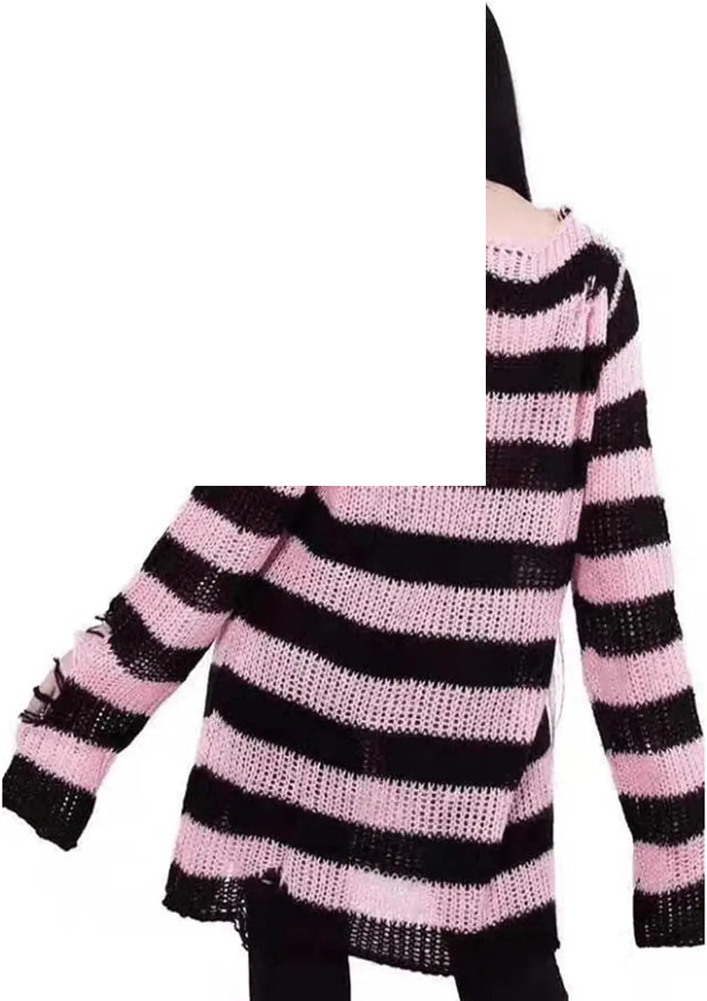 Womens Oversized Goth Punk Ripped Striped Long Sleeve Pullover Sweater Dress Tops - SS69