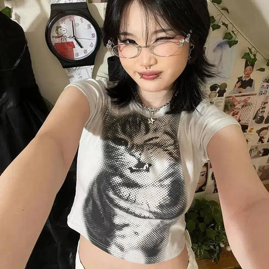 Y2K Cat Print Crop Top O Neck Short Sleeve Vintage Cute Grunge Aesthetic T Shirt Women Harajuku Aesthetic Tee Korean - SS69