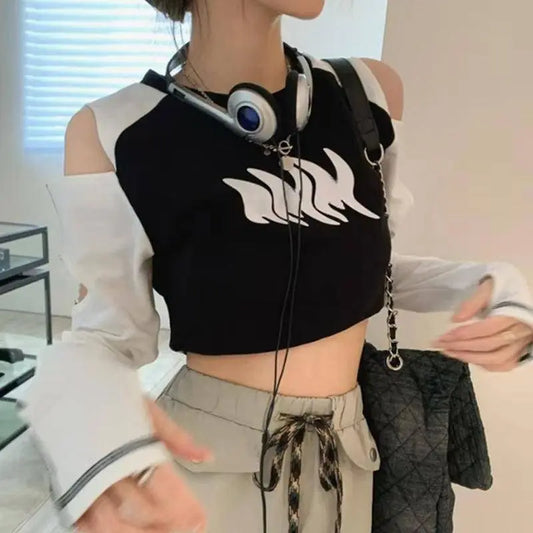 Y2K European and American off Shoulder Traf Hollow T-Shirt | Spicy Girl - SS69