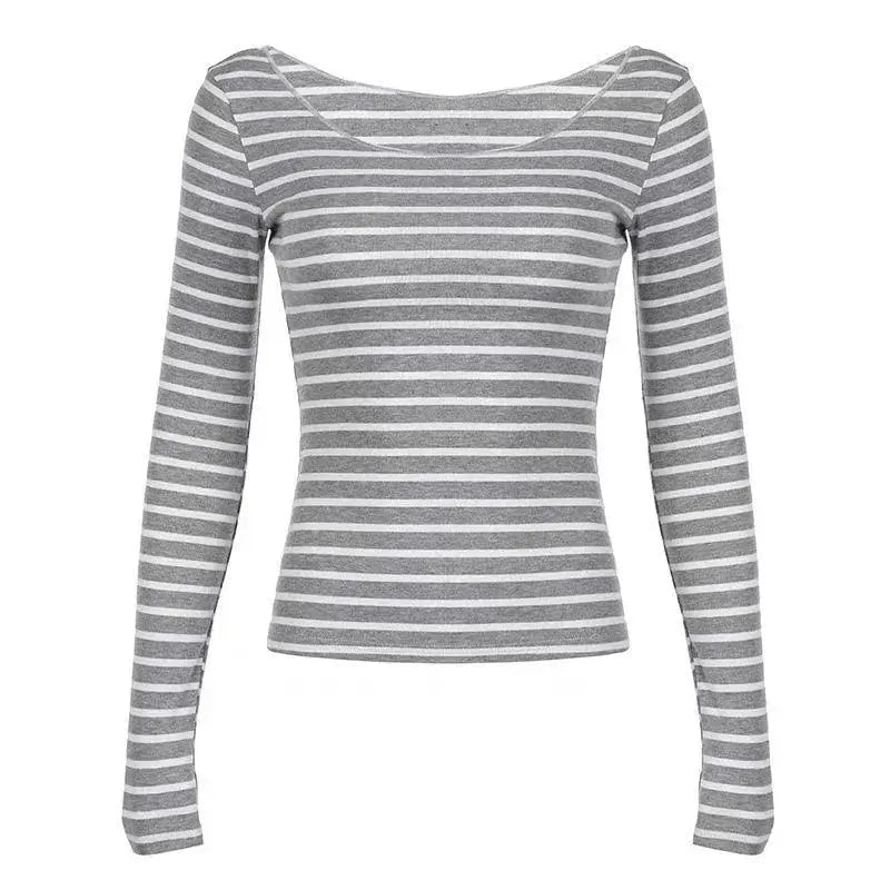 Y2K Grunge Emo 00s Vintage T-Shirt Black Grey Striped Off Shoulder Long Sleeve Jumper Top Chic Women Autumn Retro Goth Tee Shirt SS69