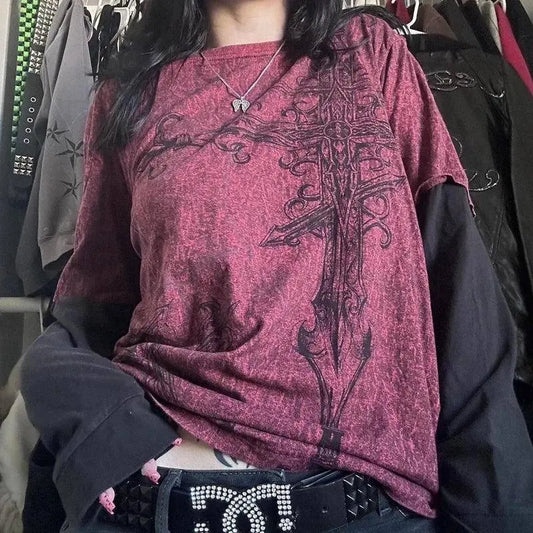 Y2K Grunge Emo Vintage T-shirt 2000s Cross Cyber Goth Patchwork Long Sleeve Tees E-girl Gothic Harajuku Loose Tops Women Men - SS69
